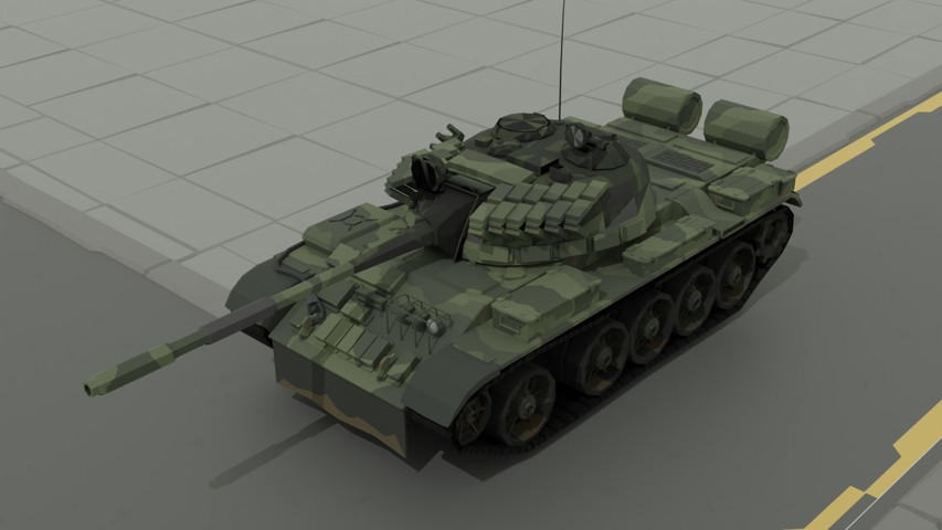 Render of a low poly tank with camouflage material.