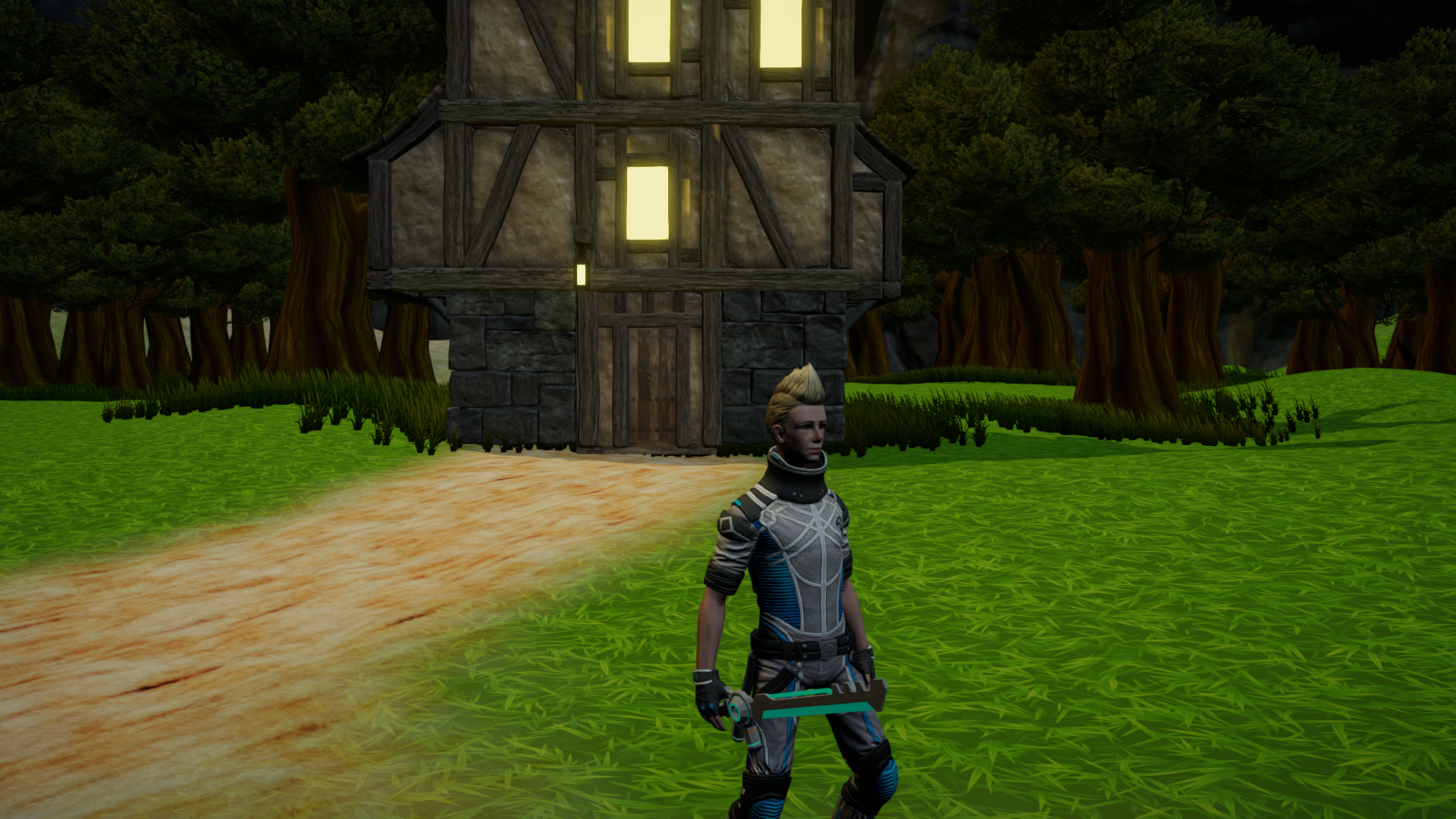 A young man standing in front of a building holding a sword.