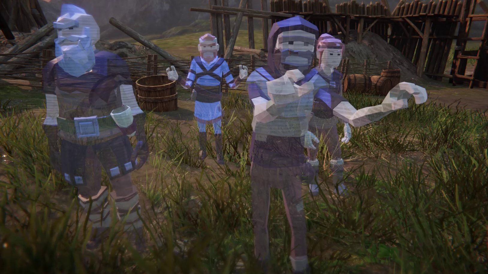 Four low poly holographic characters stood outdoor in a hamlet. 