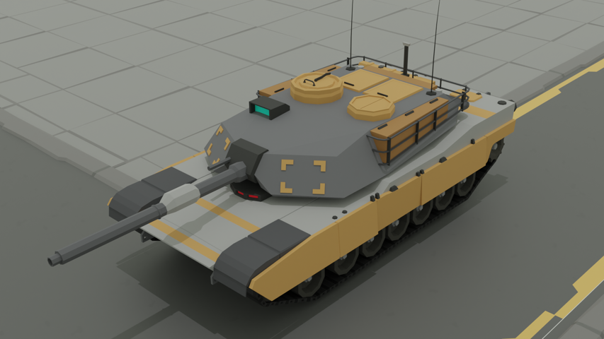 Low poly tank remodelled to have a Sci-Fi aesthetic with a light grey body and yellow highlights.