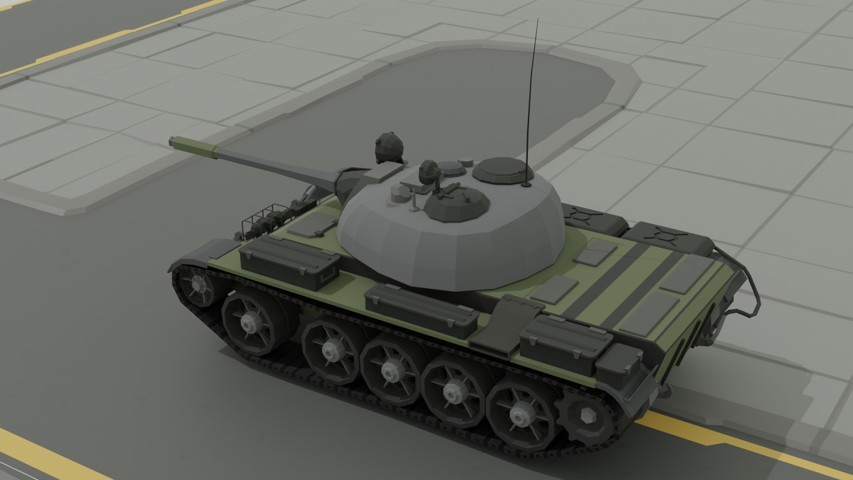 Render of a low poly tank with a Sci-Fi aesthetic with a green body and black highlights.