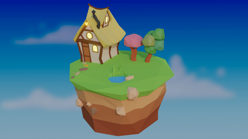 Rendering of a low poly house on a floating island with a blue sky background.